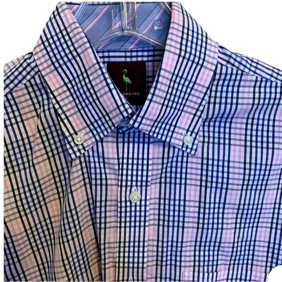 Tailorbyrd Men’s Medium Pink Blue Plaid Button-Down Shirt Flamingo Logo - Picture 1 of 9